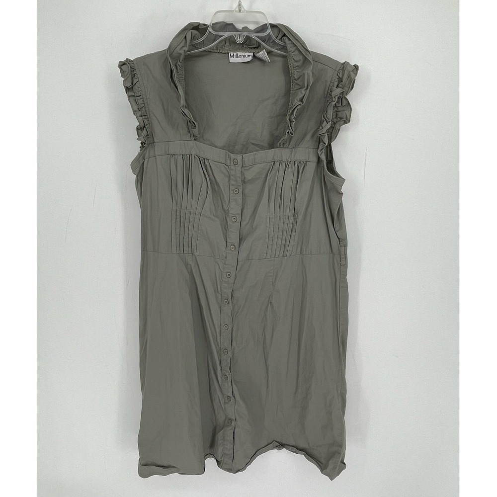 Millenium Women's Gray Ruffle Pleated Stretch Button Front Shirt Dress Size XL